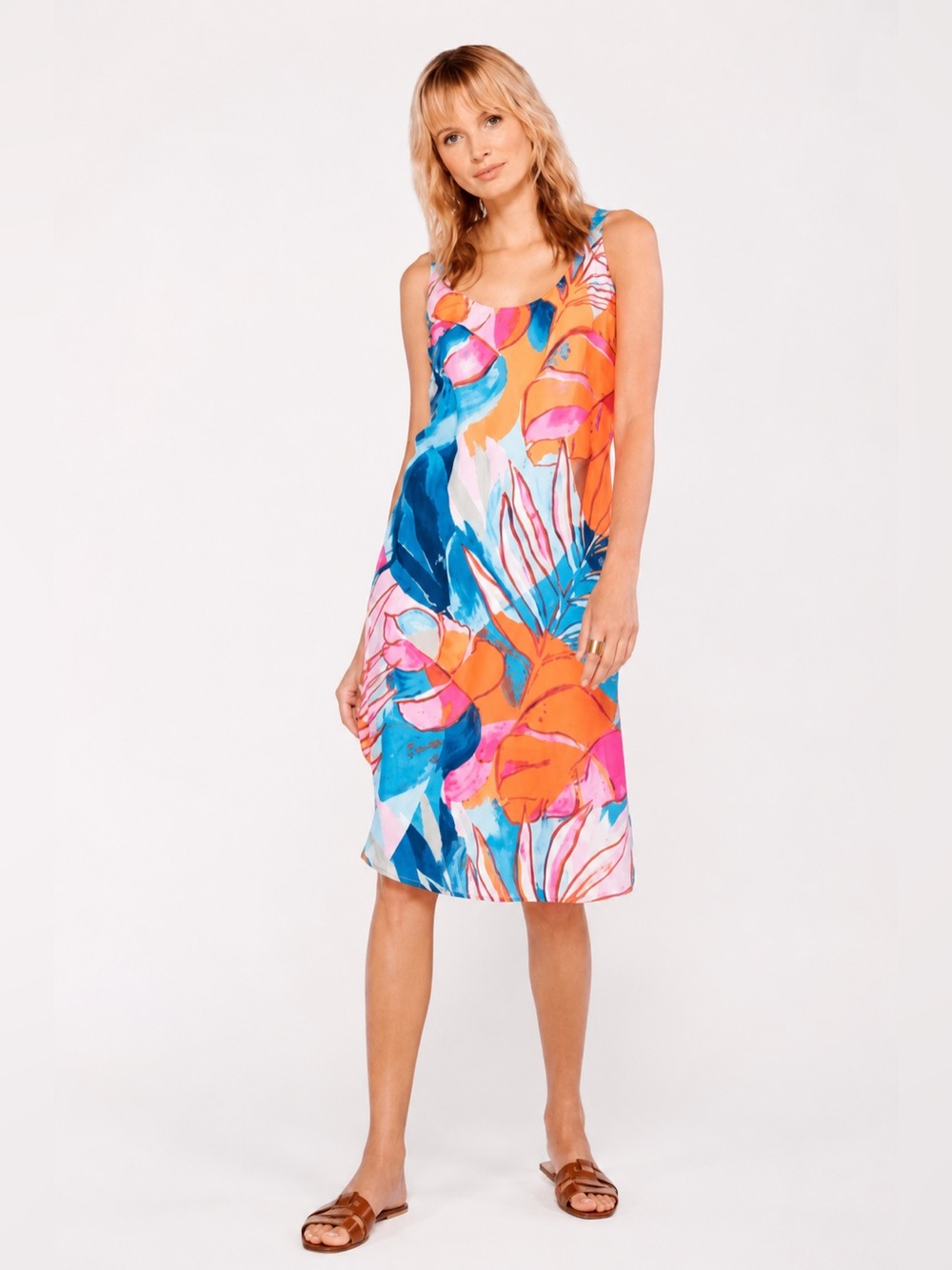 NIC+ZOE Floral Abstract Sleeveless Midi Dress Petite Small PS Blue Orange